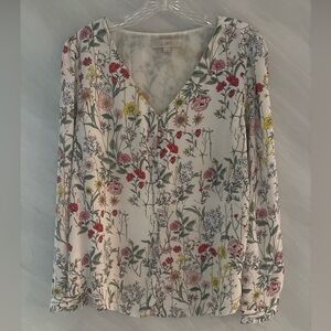 Loft L Women’s Multicolor Floral V-Neck Long Ruffle Sleeve Blouse Romantic Boho
